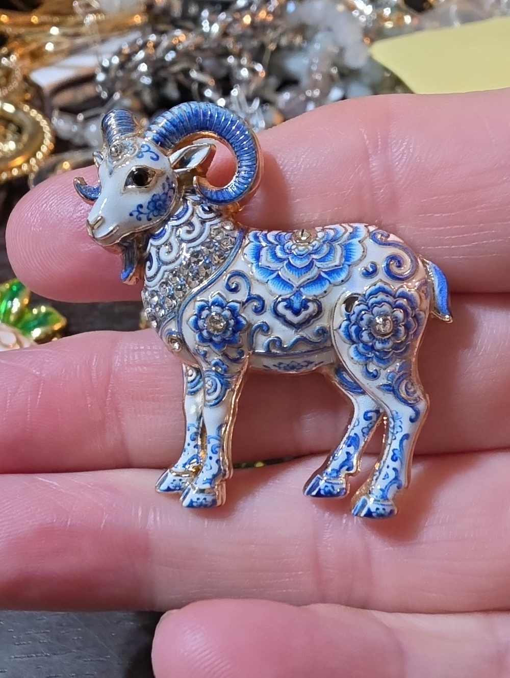 A187- Blue and White Ram Brooch - Elegant Floral Enamel Jewelry